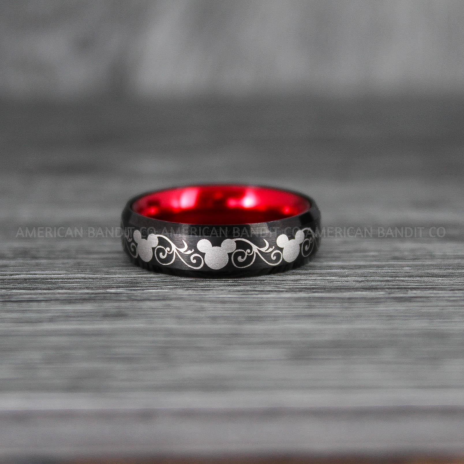IMG_7063 Mickey Mouse Ring, Mickey Ring, Mickey Mouse Wedding Band, Mickey Mouse Wedding Ring, Black Wedding Band, Red Ring - Image 1