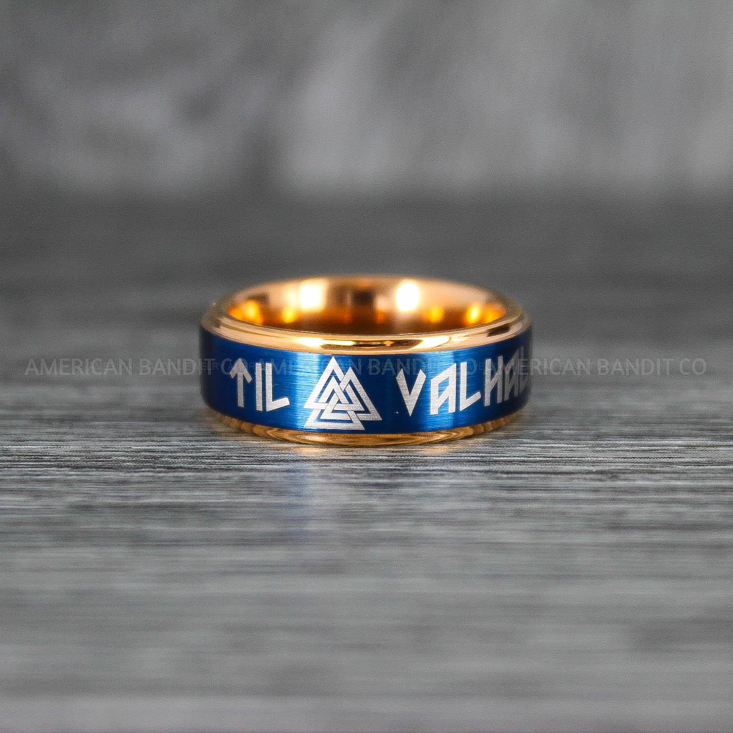 IMG_7067 Til Valhalla Ring, Viking Ring, Runes Ring, Valknut Ring, Nordic Ring, Norsemen Ring, Nordic Runes Ring, Rose Gold Tungsten Band - Image 1