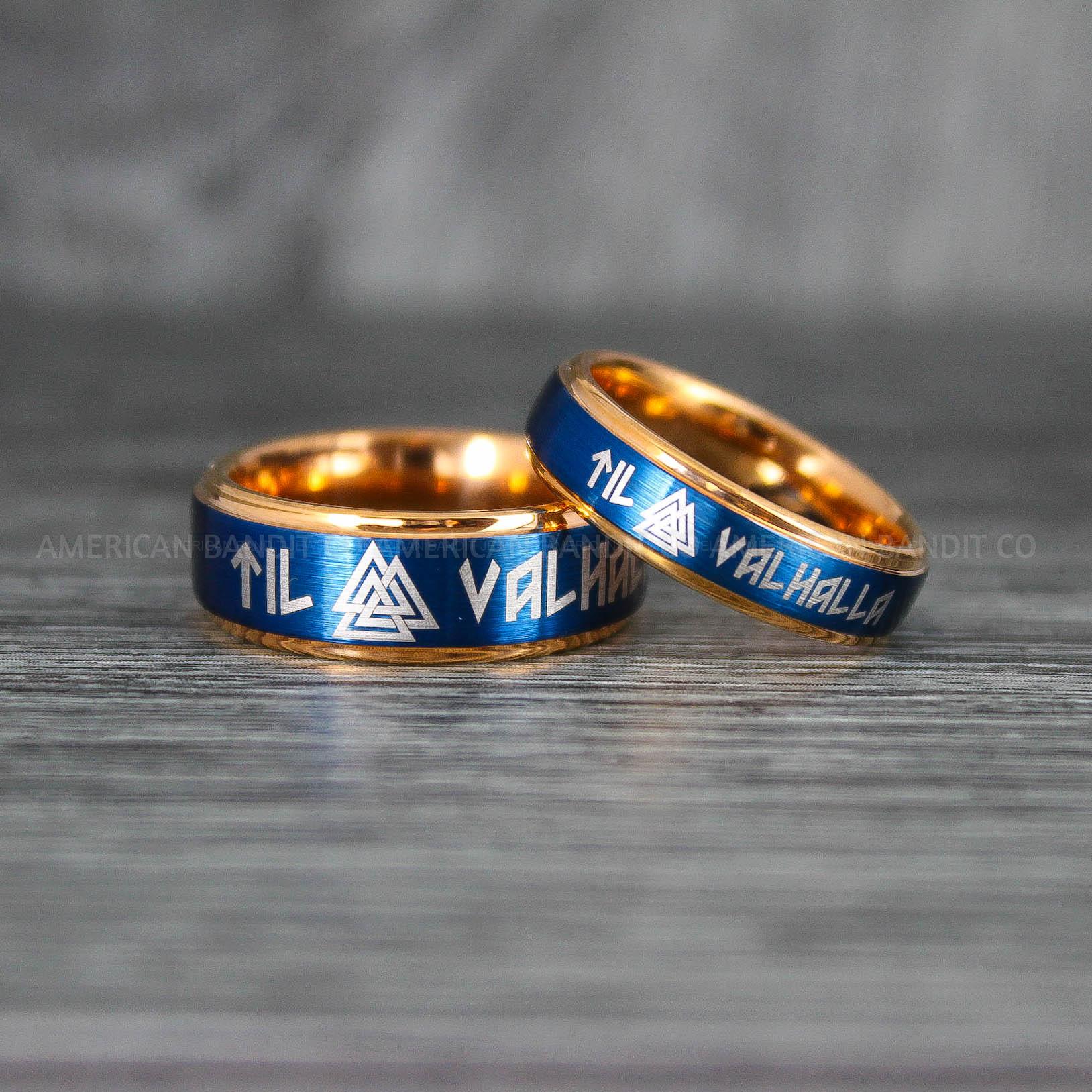 IMG_7068 Til Valhalla Rings, Viking Rings, Runes Rings, Valknut Rings, Nordic Rings, Norsemen Rings, Nordic Runes Rings, Rose Gold Tungsten Bands - Image 1
