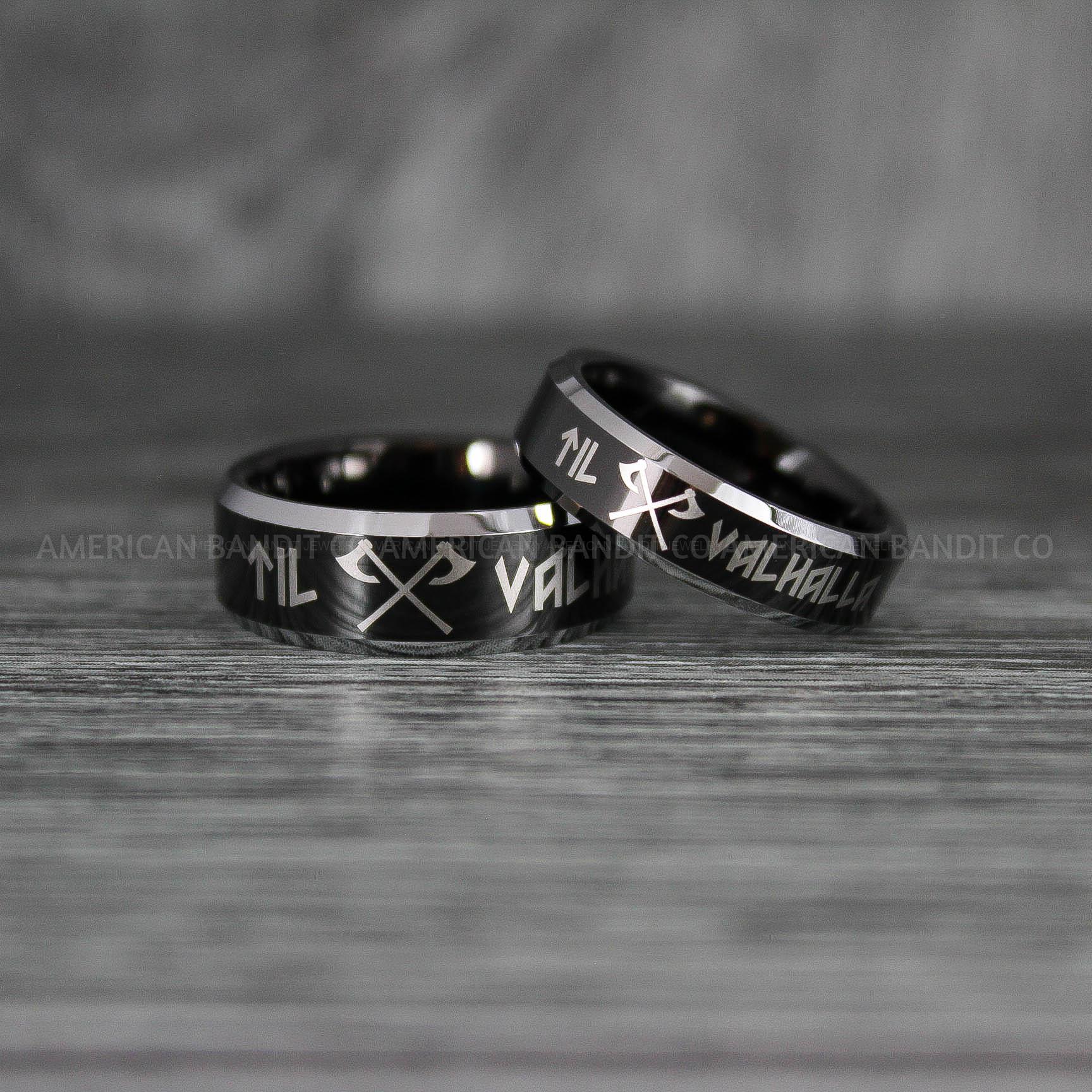 IMG_7082 Til Valhalla Rings, Viking Rings, Runes Rings, Valknut Rings, Nordic Rings, Norsemen Rings, Nordic Runes Rings, Black Tungsten Bands - Image 1