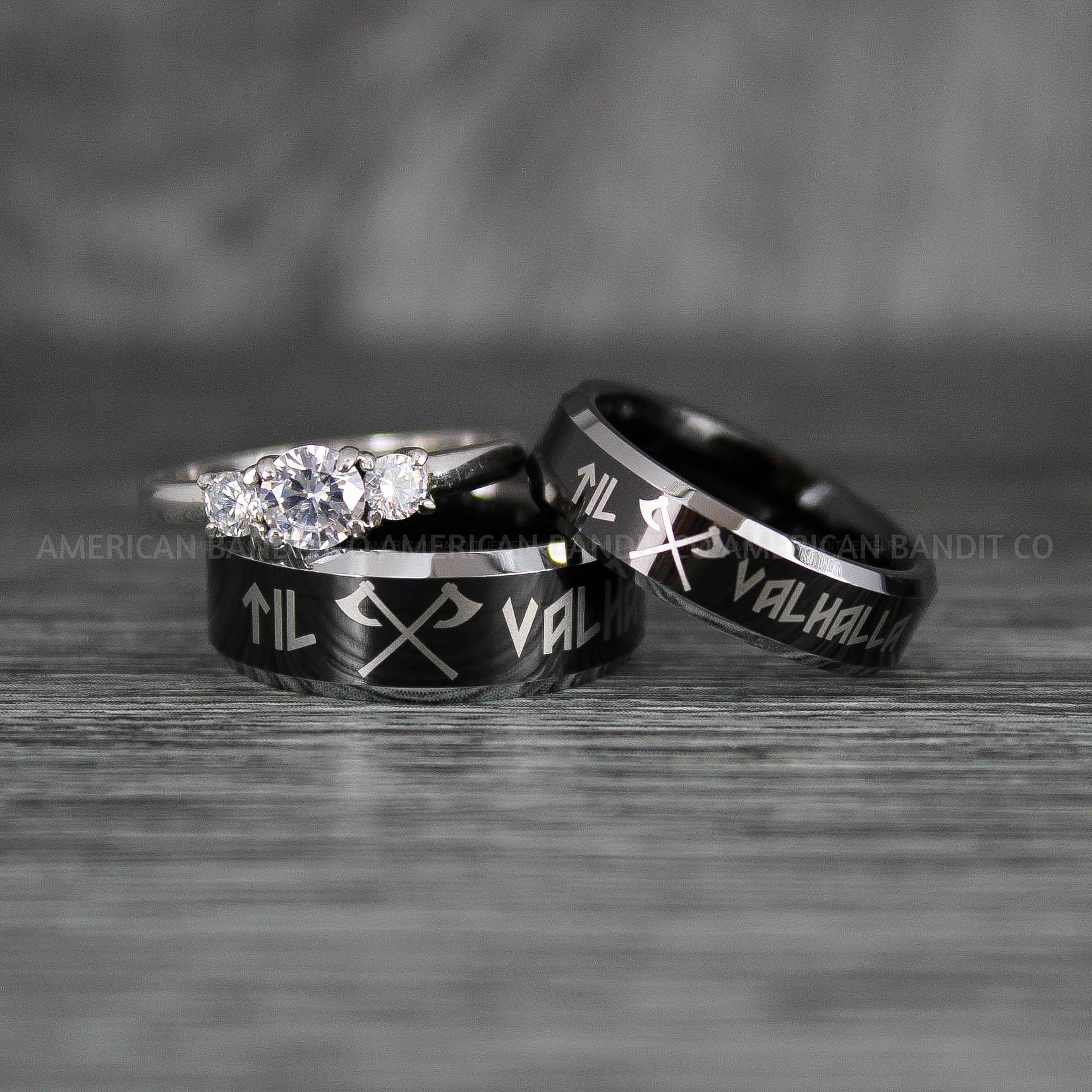 IMG_7084 Til Valhalla Rings, Viking Rings, Runes Rings, Valknut Rings, Nordic Rings, Norsemen Rings, Nordic Runes Rings, Black Tungsten Bands - Image 1
