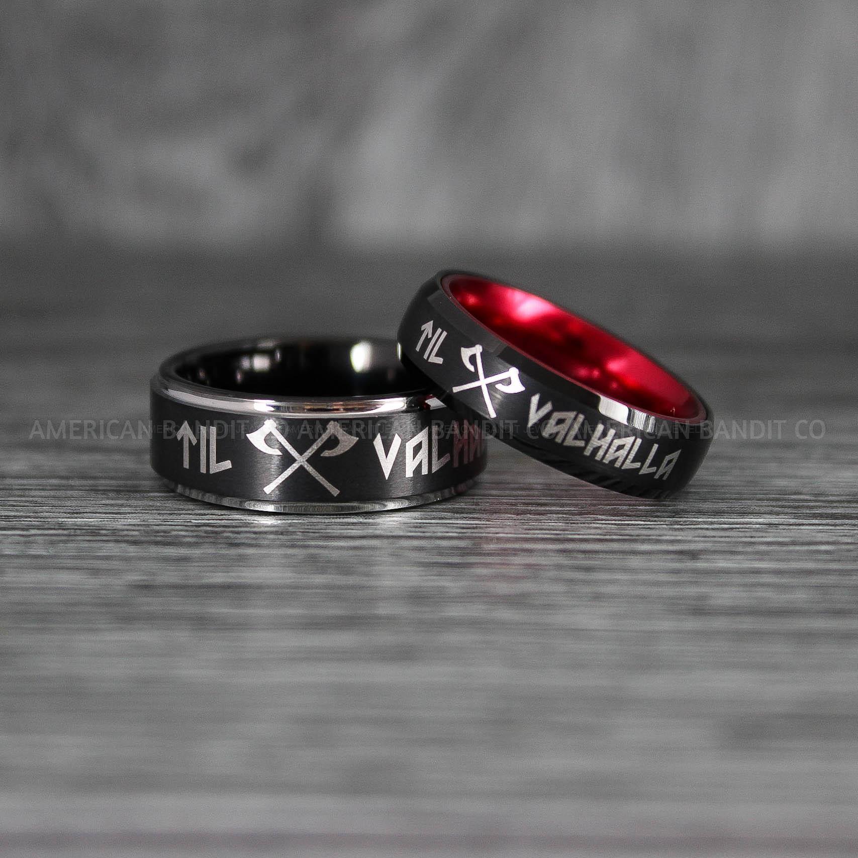 IMG_7135 Til Valhalla Rings, Viking Rings, Runes Rings, Valknut Rings, Nordic Rings, Norsemen Rings, Nordic Runes Rings, Black Tungsten Bands - Image 1