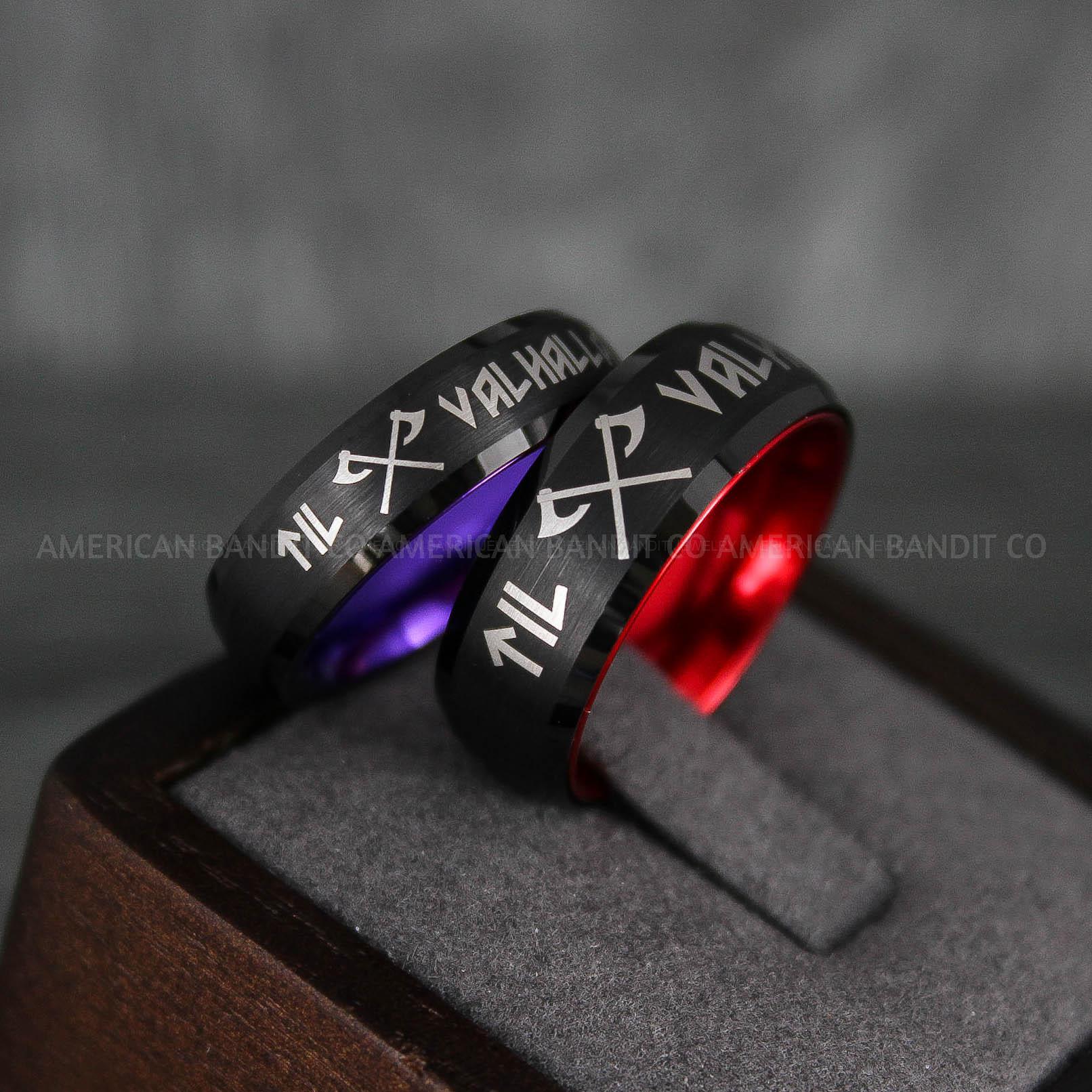 IMG_7250 Til Valhalla Rings, Viking Rings, Runes Rings, Valknut Rings, Nordic Rings, Norsemen Rings, Nordic Runes Rings, Black Tungsten Bands - Image 1