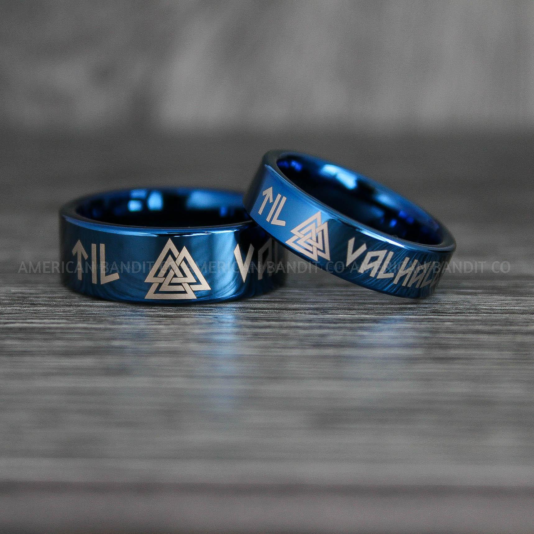 IMG_7284 Til Valhalla Rings, Viking Rings, Runes Rings, Valknut Rings, Nordic Rings, Norsemen Rings, Nordic Runes Rings, Blue Tungsten Bands - Image 1