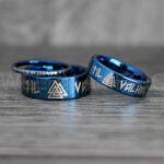 Til Valhalla Rings, Viking Rings, Runes Rings, Valknut Rings, Nordic Rings, Norsemen Rings, Nordic Runes Rings, Blue Tungsten Bands