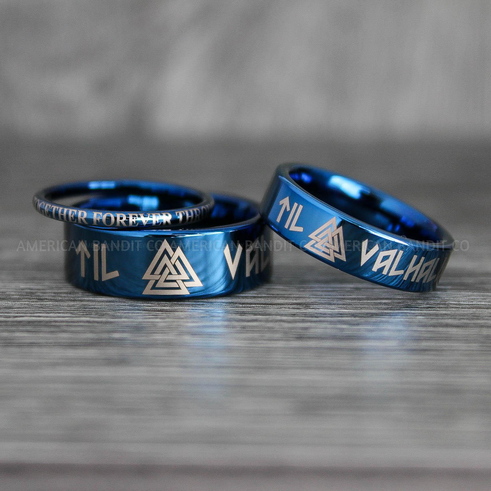 IMG_7286 Til Valhalla Rings, Viking Rings, Runes Rings, Valknut Rings, Nordic Rings, Norsemen Rings, Nordic Runes Rings, Blue Tungsten Bands - Image 1