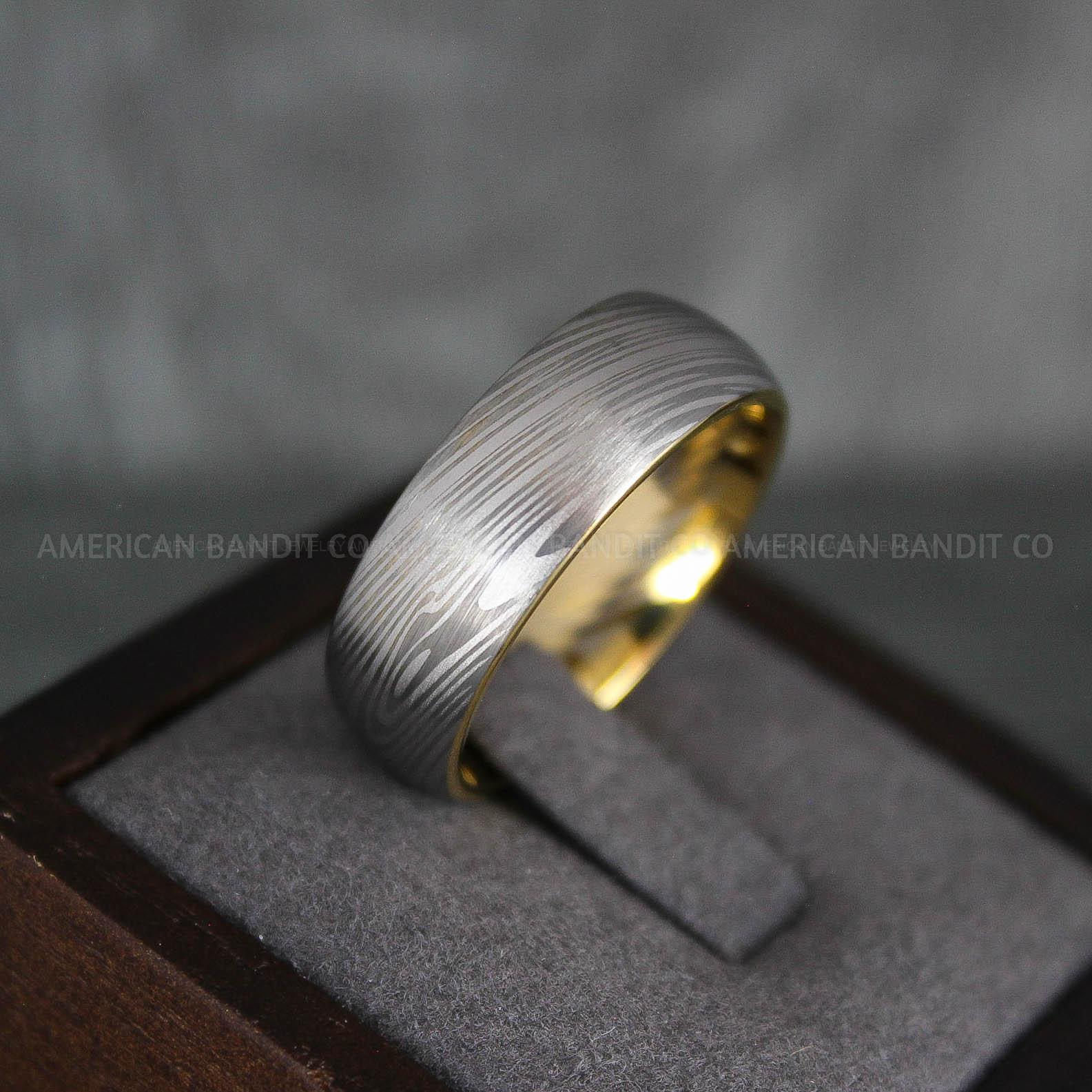 IMG_7335 Damascus Steel Ring, Damascus Steel Wedding Ring, Damascus Steel Wedding Band, Gold Wedding Ring, Gold Damascus Steel Wedding Ring - Image 1