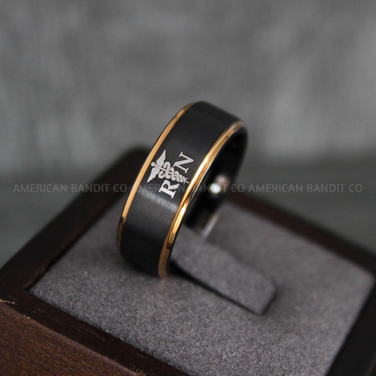 IMG_7348 Nurse Ring, Registered Nurse Ring, RN Nurse Wedding Band, RN Nurse Jewelry, Nurse Jewelry, Black Wedding Band - Image 1