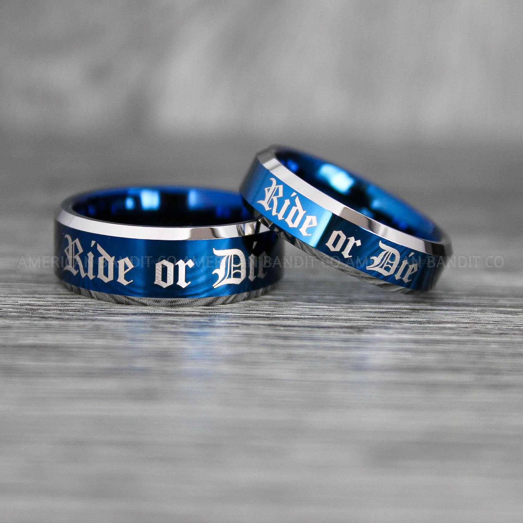 IMG_7427 Ride or Die Rings, Ride or Die, Ride or Die Wedding Rings, Ride or Die Wedding Bands, Blue Wedding Rings, Blue Wedding Bands, Biker Rings - Image 1