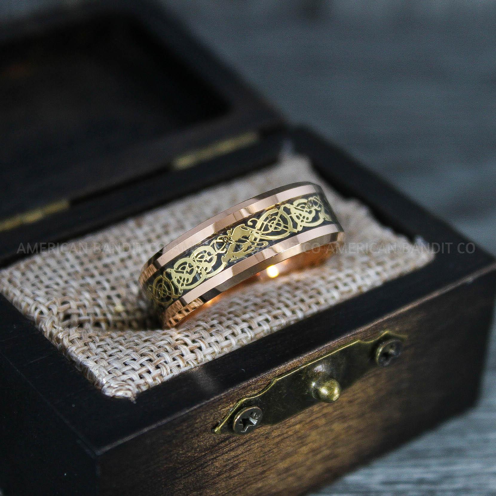 IMG_7579 Vikings Rings, Dragon Rings, Dragon Scroll Rings, Vikings Wedding Bands, Rose Gold Wedding Band - Image 1