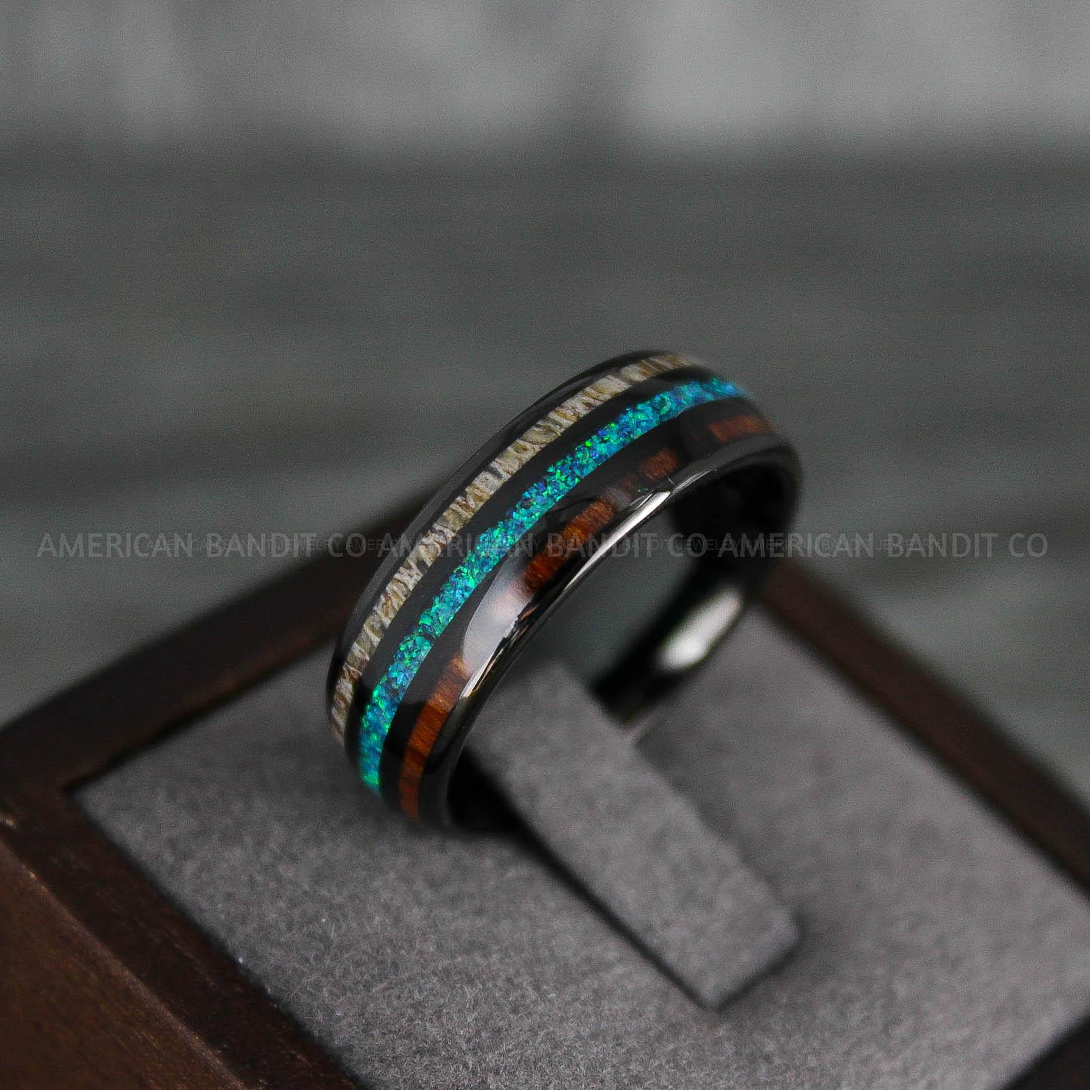 IMG_7780 Deer Antler Ring, Wood Ring, Opal Ring, Damascus Steel Ring, Black Wedding Band - Image 1