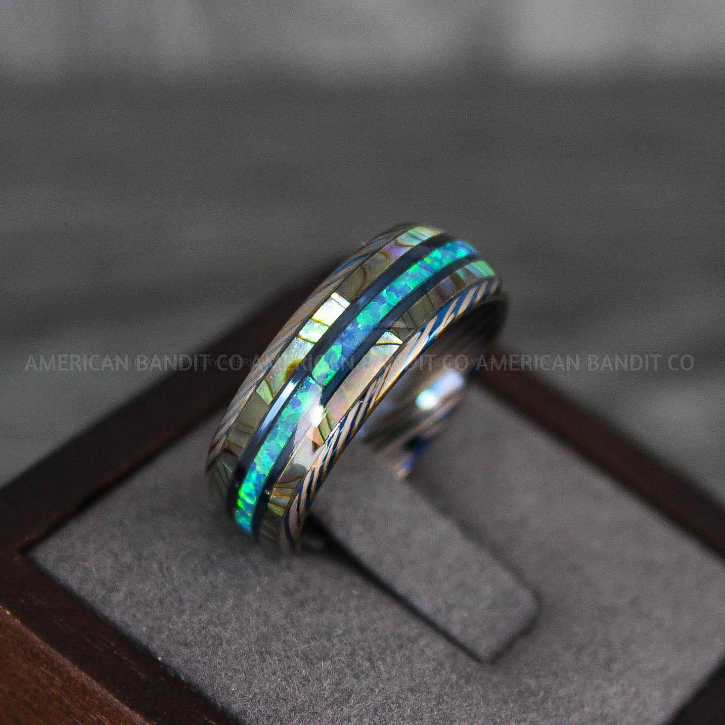 IMG_7828 Opal Ring, Opal Wedding Ring, Abalone Shell Ring, Abalone Shell Wedding Band, Blue Wedding Band - Image 1
