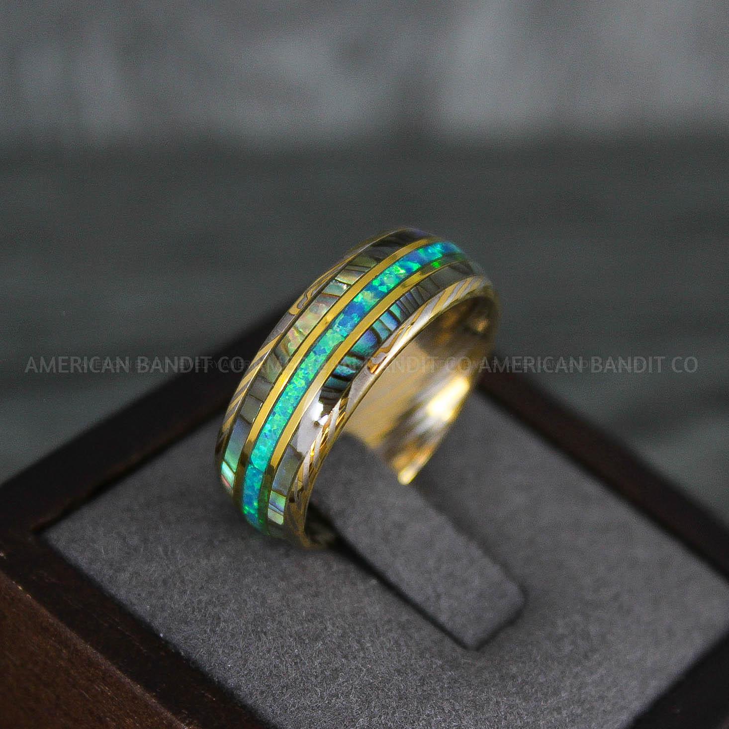 IMG_7835 Opal Ring, Opal Wedding Ring, Abalone Shell Ring, Abalone Shell Wedding Band, Gold Wedding Band - Image 1