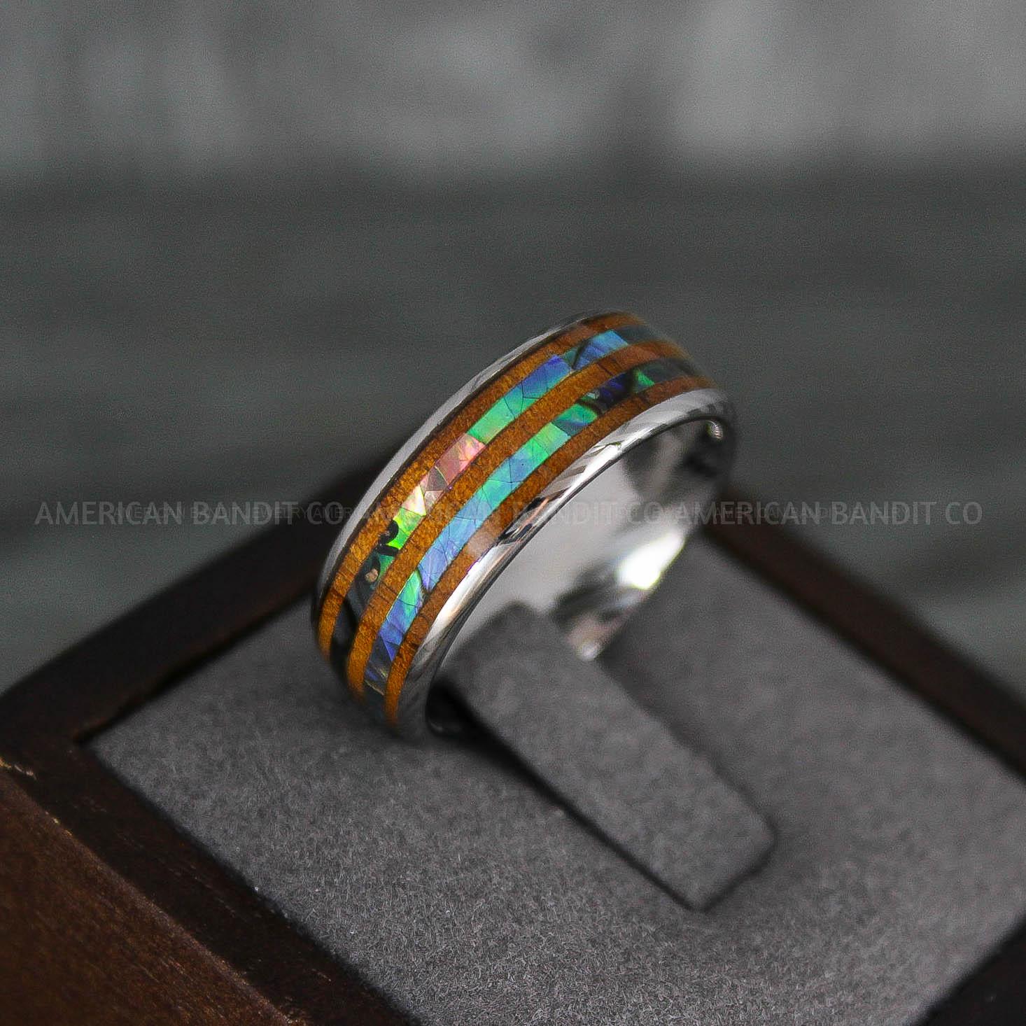 IMG_7838 Wood Ring, Wood Wedding Ring, Abalone Shell Ring, Abalone Shell Wedding Band, Silver Wedding Band - Image 1
