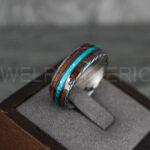 Opal Ring, Opal Wedding Ring, Wood Ring, Wood Wedding Band, Damascus Steel Ring