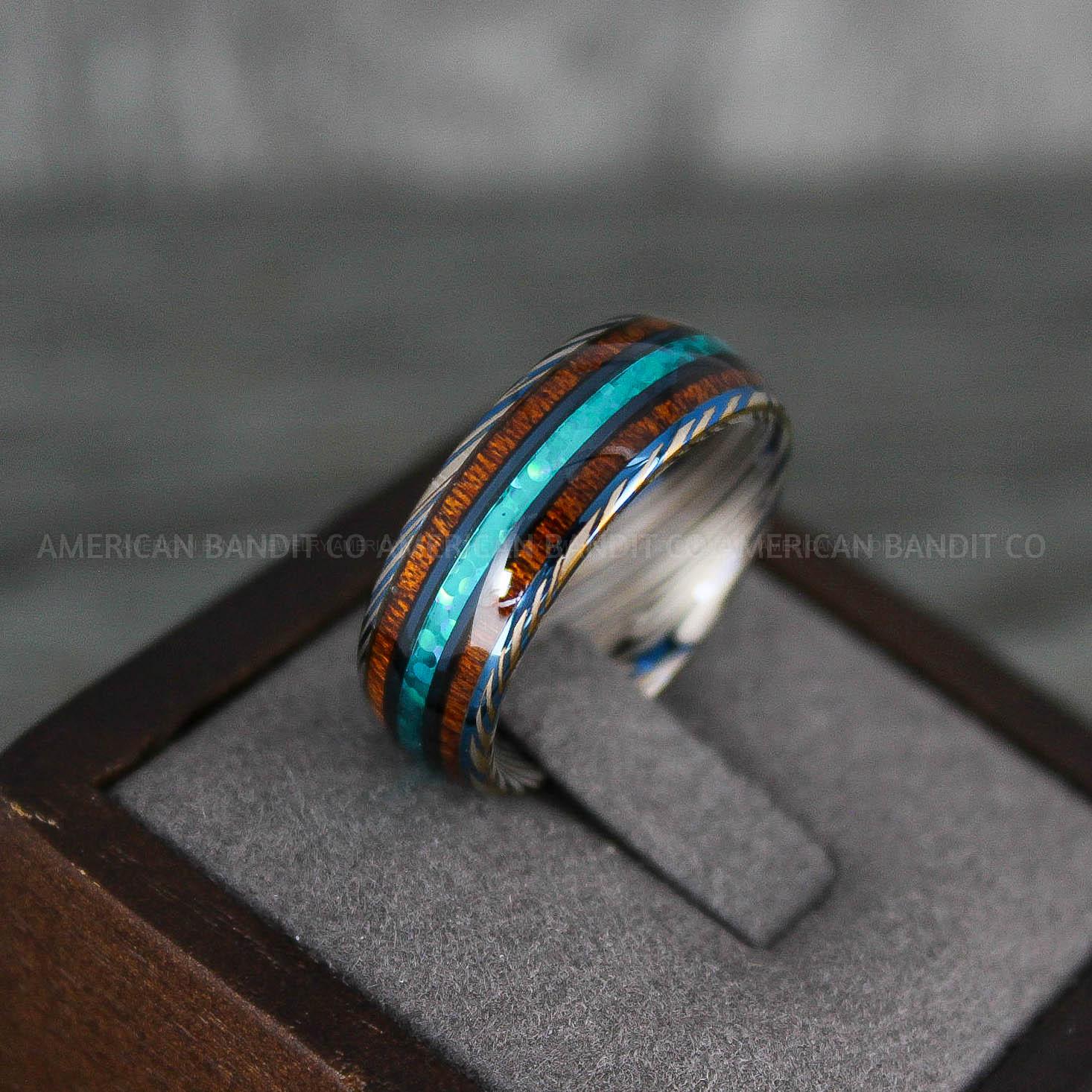 IMG_7839 Opal Ring, Opal Wedding Ring, Wood Ring, Wood Wedding Band, Damascus Steel Ring - Image 1