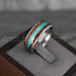 Opal Ring, Opal Wedding Ring, Wood Ring, Wood Wedding Band, Damascus Steel Ring, Damascus Steel Wedding Band