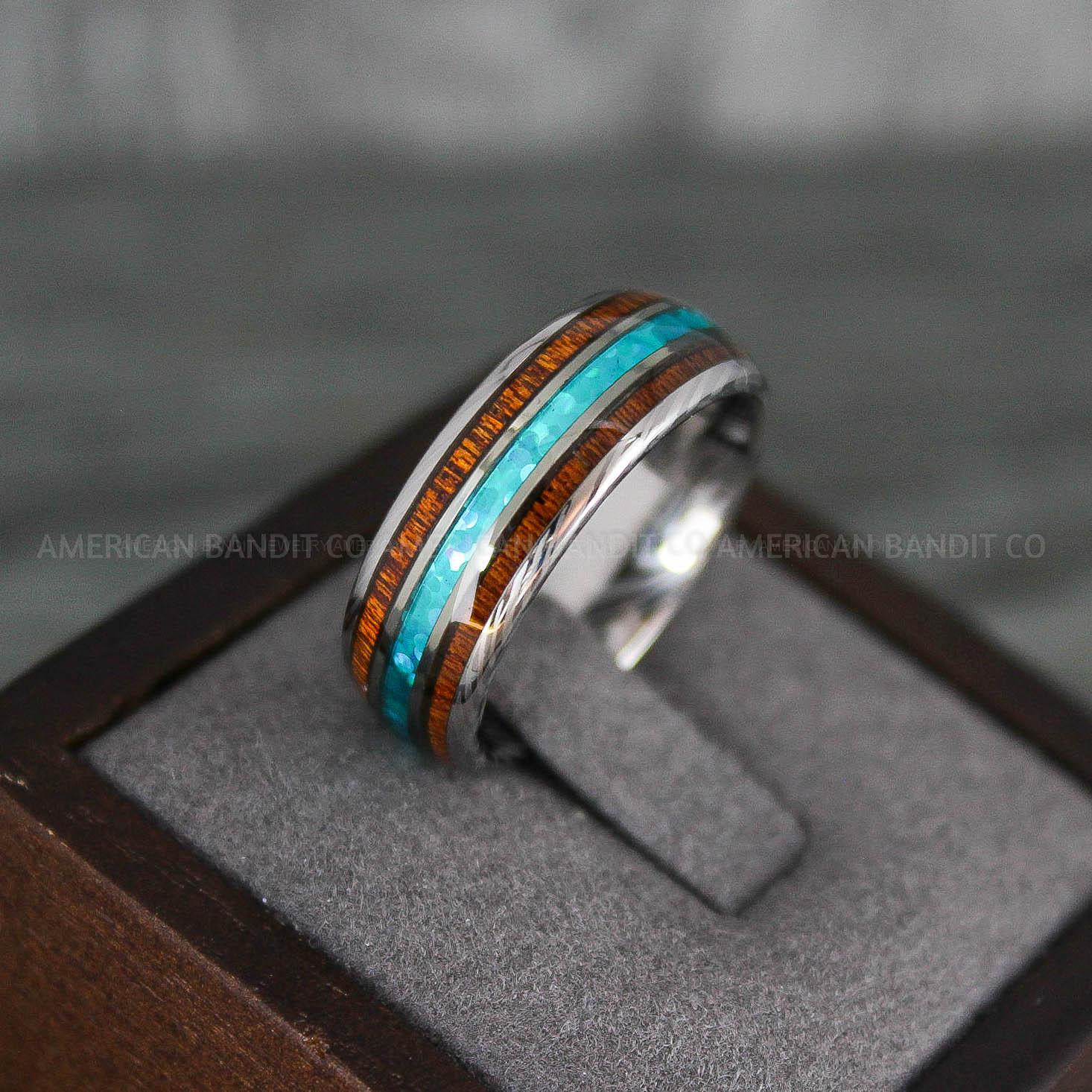 IMG_7841 Opal Ring, Opal Wedding Ring, Wood Ring, Wood Wedding Band, Damascus Steel Ring, Damascus Steel Wedding Band - Image 1