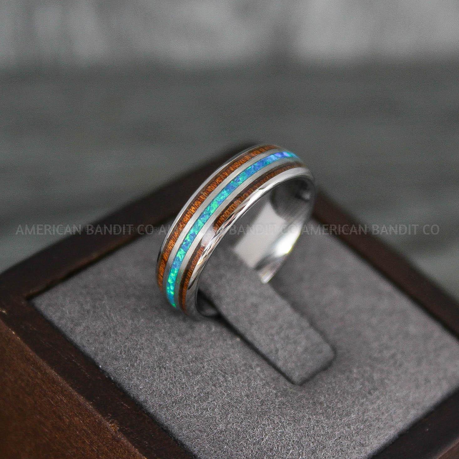 IMG_7842 Opal Ring, Opal Wedding Ring, Wood Ring, Wood Wedding Band, Damascus Steel Ring, Damascus Steel Wedding Band - Image 1