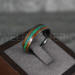 Opal Ring, Opal Wedding Ring, Wood Ring, Wood Wedding Band, Damascus Steel Ring, Damascus Steel Wedding Band