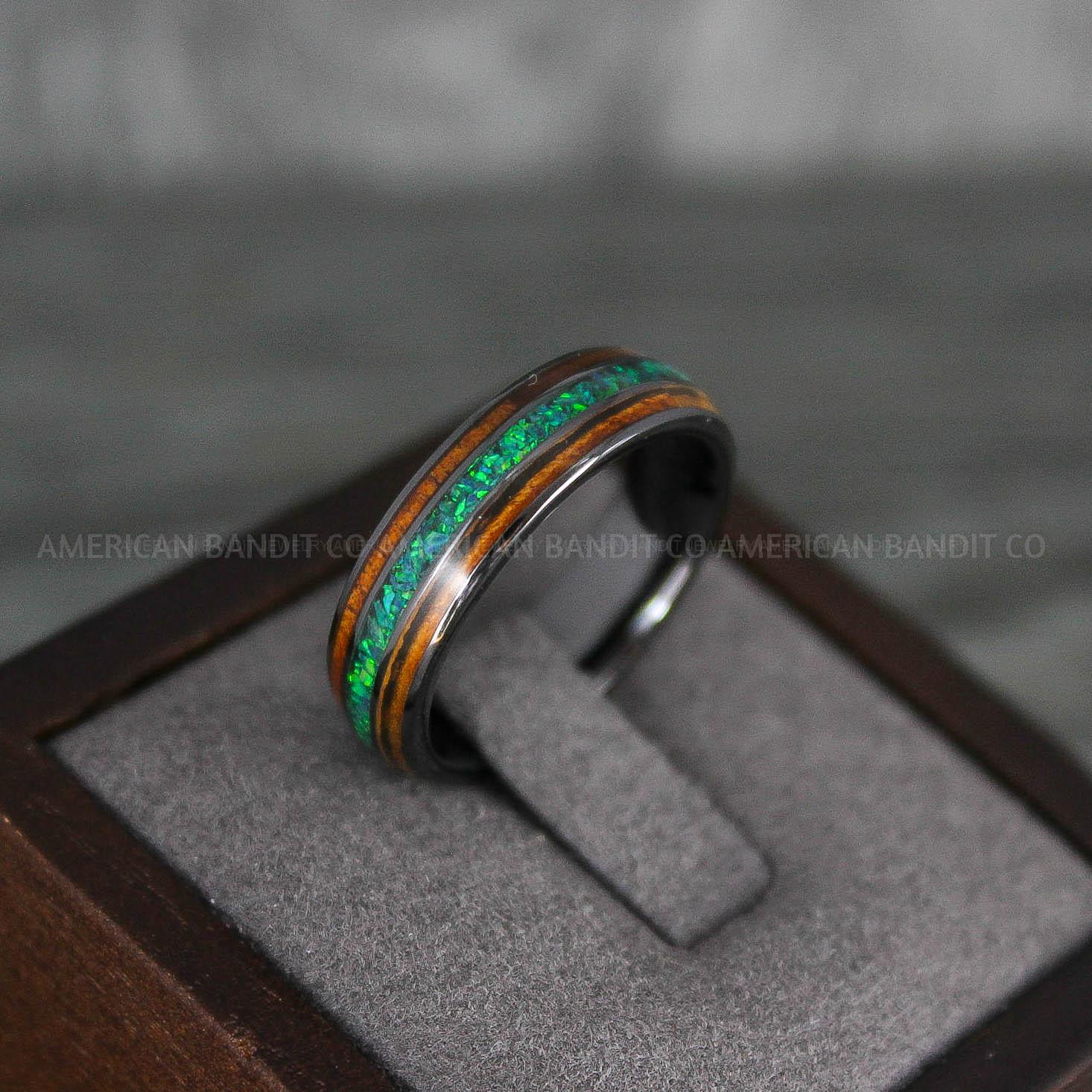 IMG_7843 Opal Ring, Opal Wedding Ring, Wood Ring, Wood Wedding Band, Damascus Steel Ring, Damascus Steel Wedding Band - Image 1