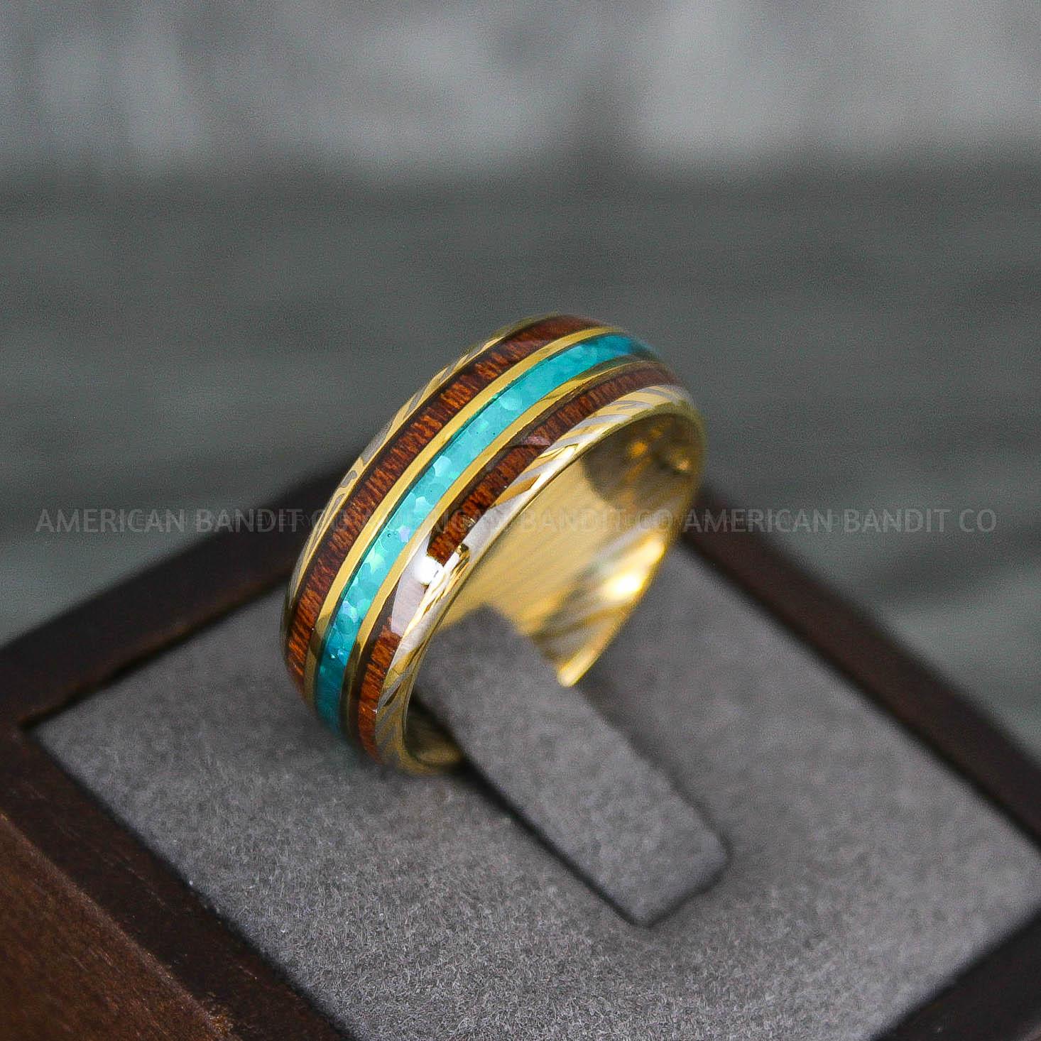 IMG_7844 Opal Ring, Opal Wedding Ring, Wood Ring, Wood Wedding Band, Damascus Steel Ring, Damascus Steel Wedding Band - Image 1