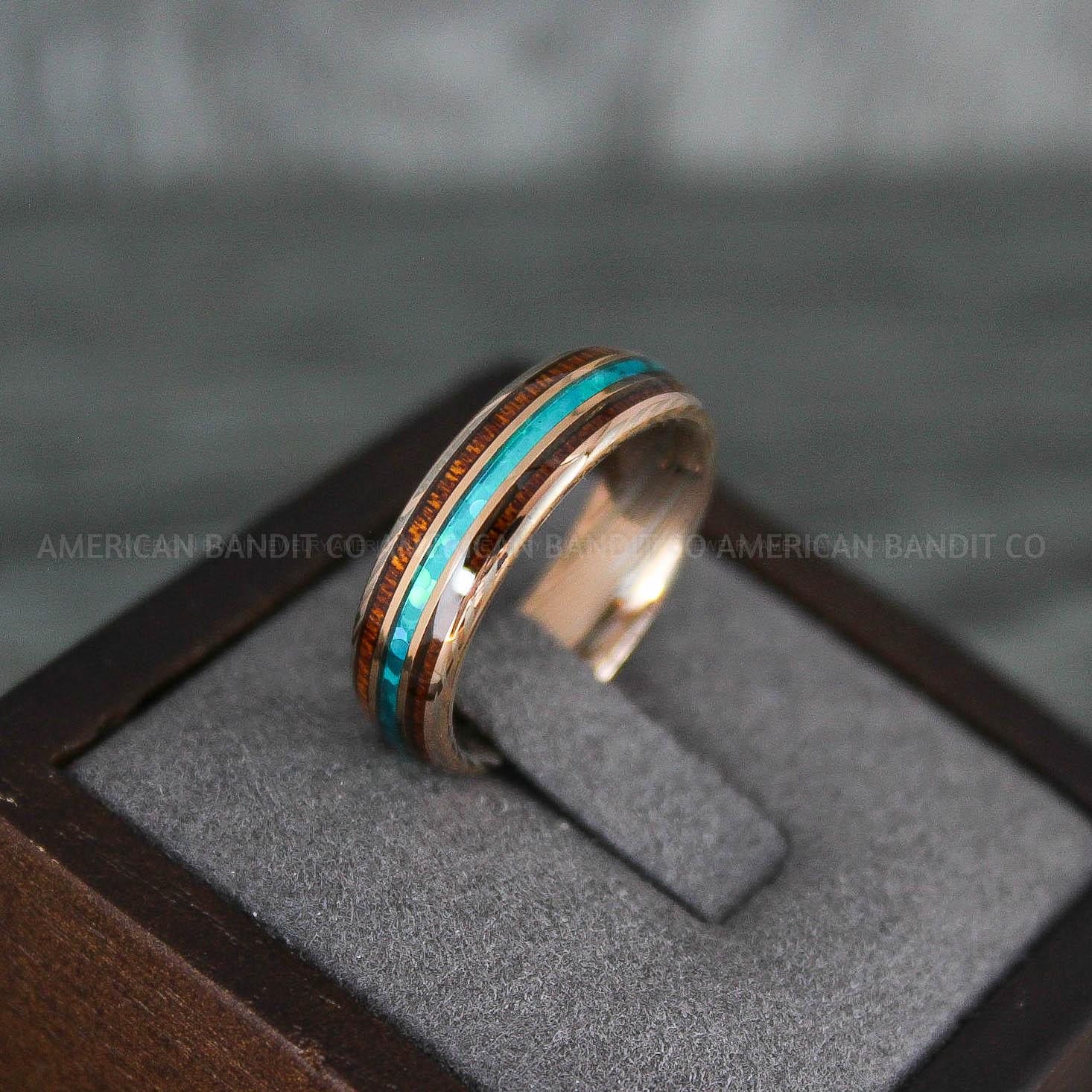 IMG_7845 Opal Ring, Opal Wedding Ring, Wood Ring, Wood Wedding Band, Damascus Steel Ring, Damascus Steel Wedding Band - Image 1