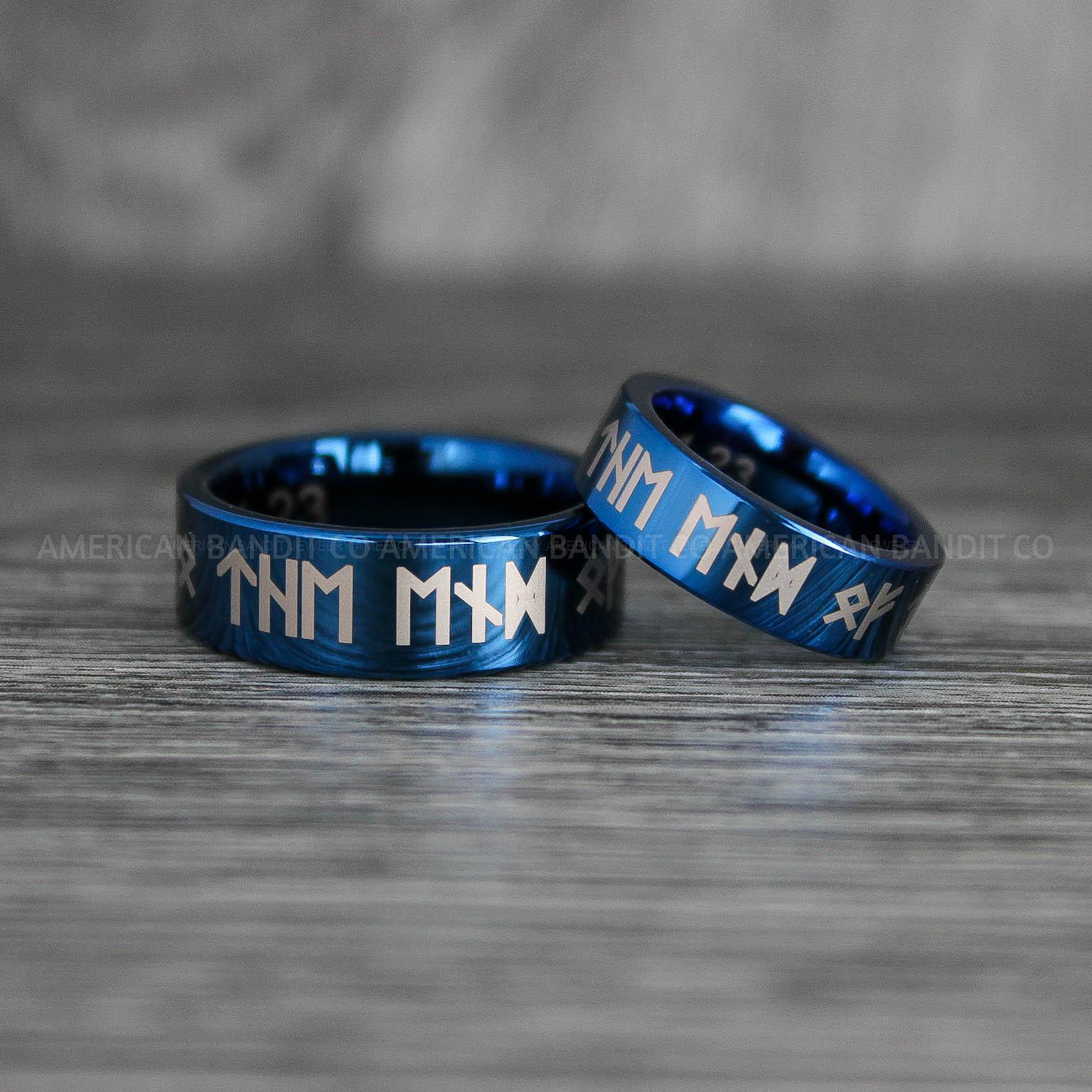 IMG_7851 Til Valhalla Rings, Viking Rings, Runes Rings, Valknut Rings, Nordic Rings, Norsemen Rings, Nordic Runes Rings, Blue Tungsten Bands - Image 1