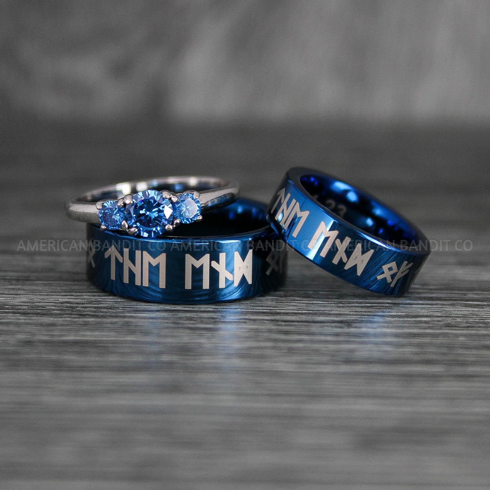 IMG_7852 Til Valhalla Rings, Viking Rings, Runes Rings, Valknut Rings, Nordic Rings, Norsemen Rings, Nordic Runes Rings, Blue Tungsten Bands - Image 1