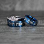 Til Valhalla Rings, Viking Rings, Runes Rings, Valknut Rings, Nordic Rings, Norsemen Rings, Nordic Runes Rings, Blue Tungsten Bands