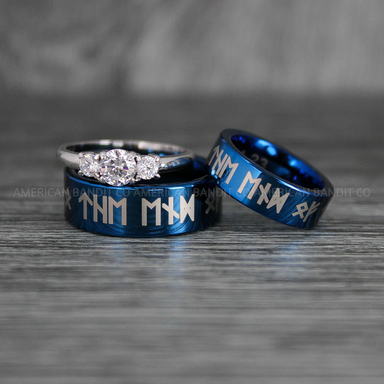 IMG_7853 Til Valhalla Rings, Viking Rings, Runes Rings, Valknut Rings, Nordic Rings, Norsemen Rings, Nordic Runes Rings, Blue Tungsten Bands - Image 1