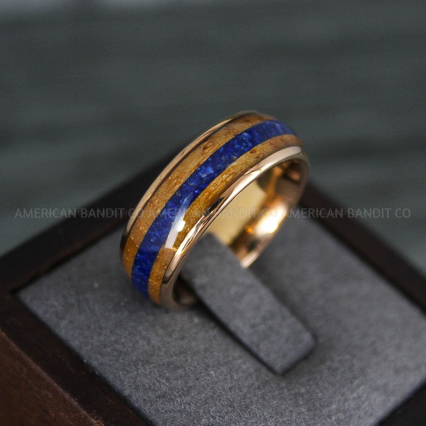 IMG_7894 Blue Opal Ring, Whiskey Barrel Wood Ring, Opal Wedding Band, Galaxy Ring, Galaxy Wedding Band, Crushed Opal Wedding Ring - Image 1