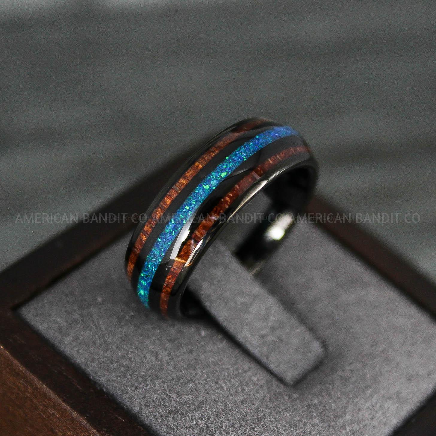 IMG_7895 Blue Opal Ring, Wood Ring, Opal Wedding Band, Galaxy Ring, Galaxy Wedding Band, Crushed Opal Wedding Ring - Image 1