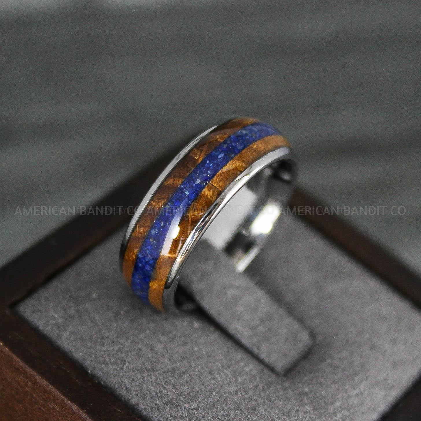 IMG_7897 Blue Opal Ring, Whiskey Barrel Wood Ring, Opal Wedding Band, Galaxy Ring, Galaxy Wedding Band, Crushed Opal Wedding Ring - Image 1