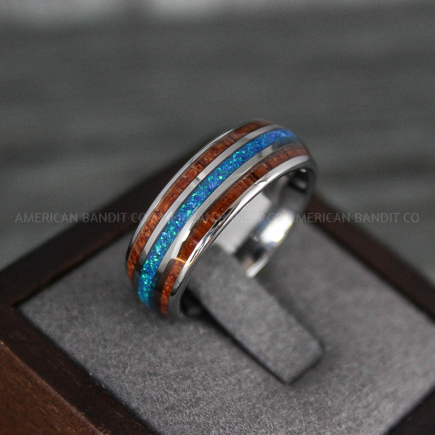 IMG_7904 Blue Opal Ring, Wood Ring, Opal Wedding Band, Galaxy Ring, Galaxy Wedding Band, Crushed Opal Wedding Ring - Image 1