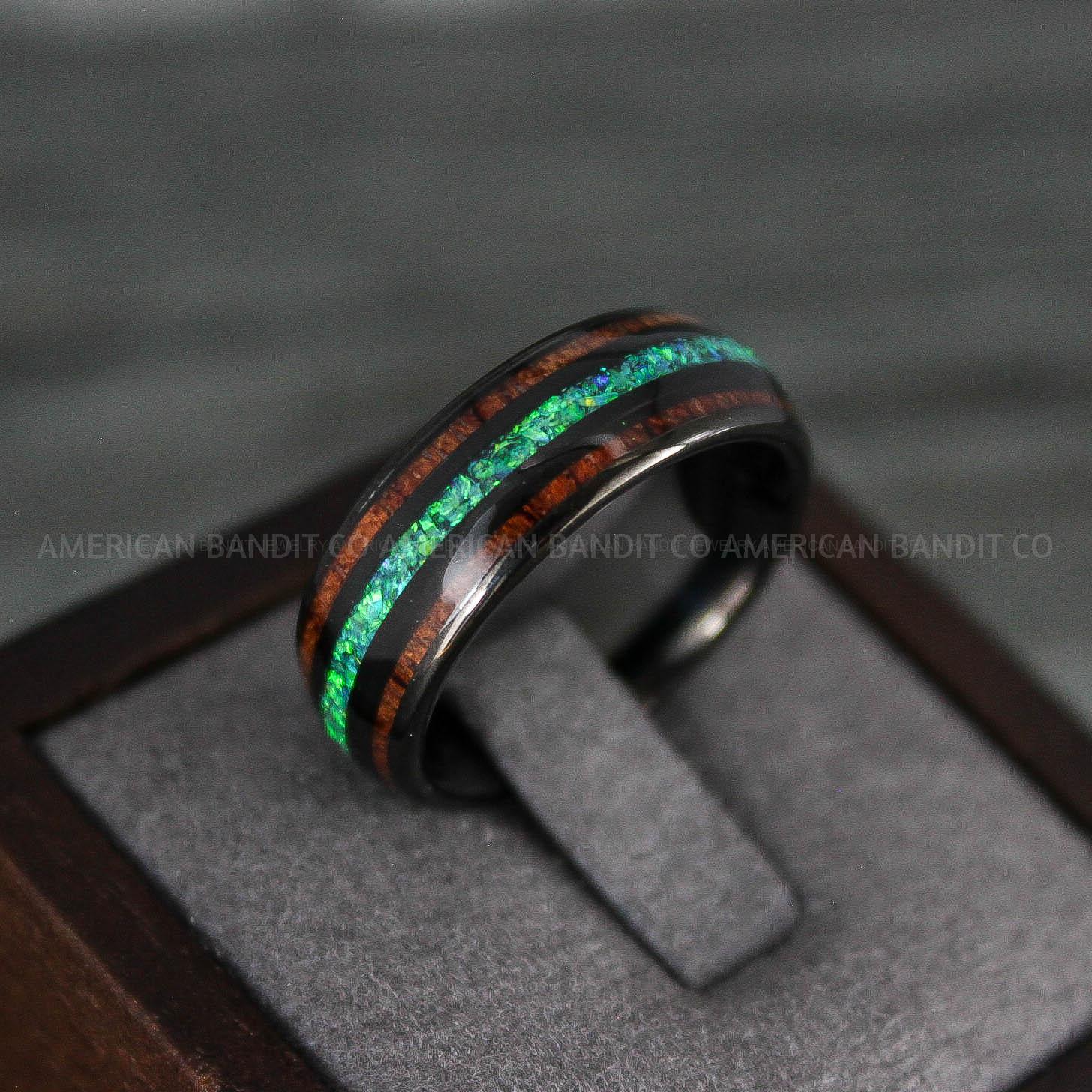 IMG_7905 Green Opal Ring, Wood Ring, Opal Wedding Band, Galaxy Ring, Galaxy Wedding Band, Crushed Opal Wedding Ring - Image 1
