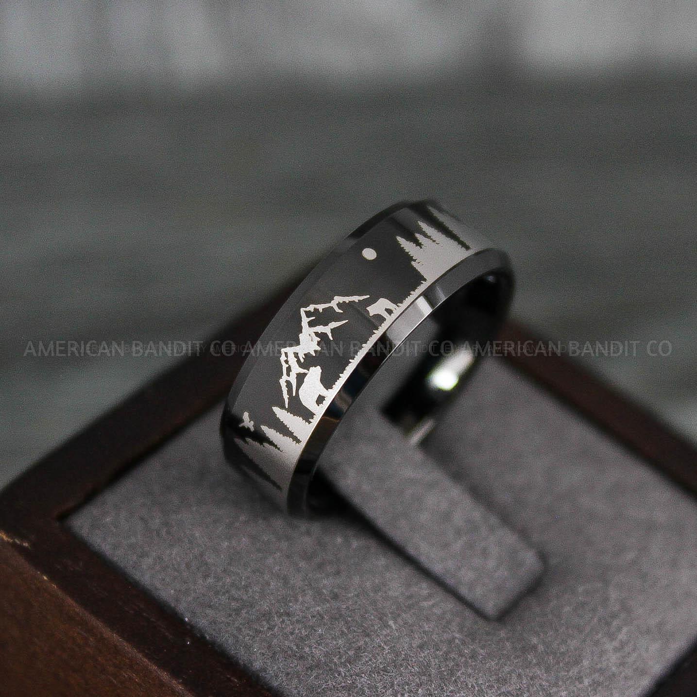 IMG_7948 Forest Ring, Mountain Range Ring, Mountains Scene Ring, Wolf Ring, Hunting Wedding Band - Image 1