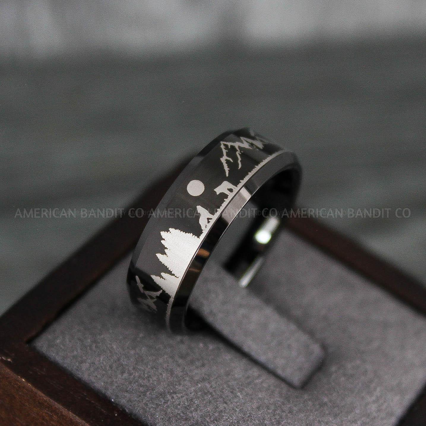 IMG_7949 Forest Ring, Mountain Range Ring, Mountains Scene Ring, Wolf Ring, Hunting Wedding Band - Image 1