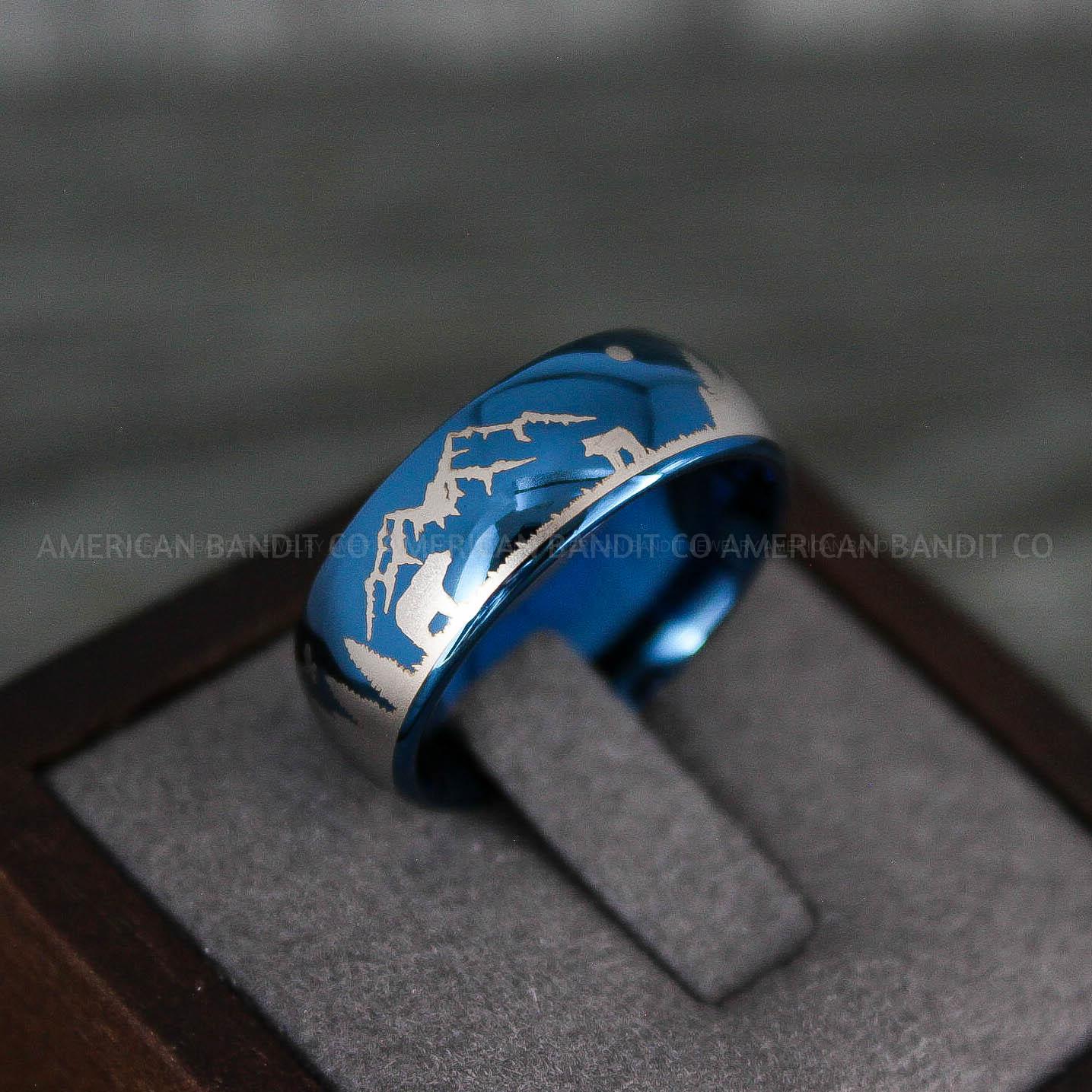 IMG_7954 Forest Ring, Mountain Range Ring, Mountains Scene Ring, Wolf Ring, Hunting Wedding Band - Image 1