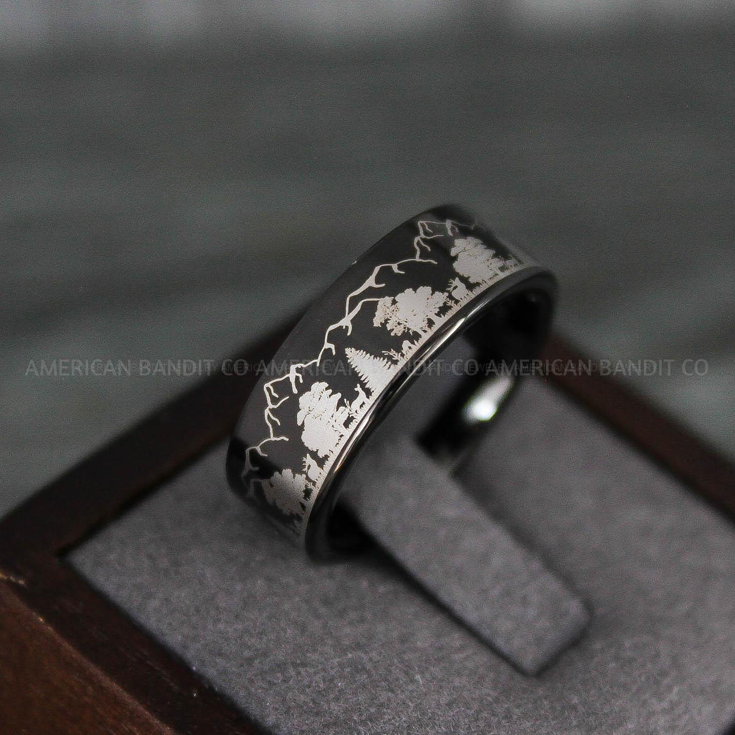 IMG_7955 Forest Ring, Mountain Range Ring, Mountains Scene Ring, Wolf Ring, Hunting Wedding Band - Image 1