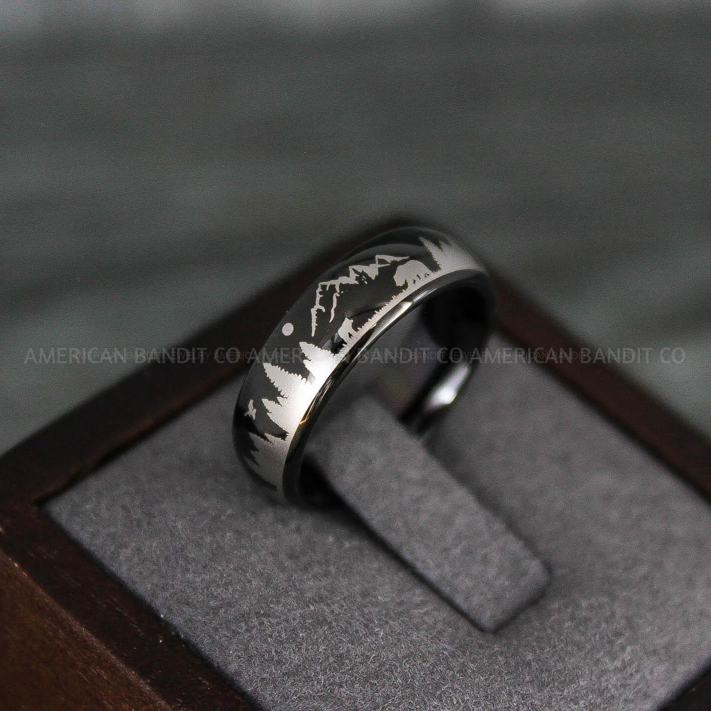 IMG_7957 Forest Ring, Mountain Range Ring, Mountains Scene Ring, Wolf Ring, Hunting Wedding Band - Image 1