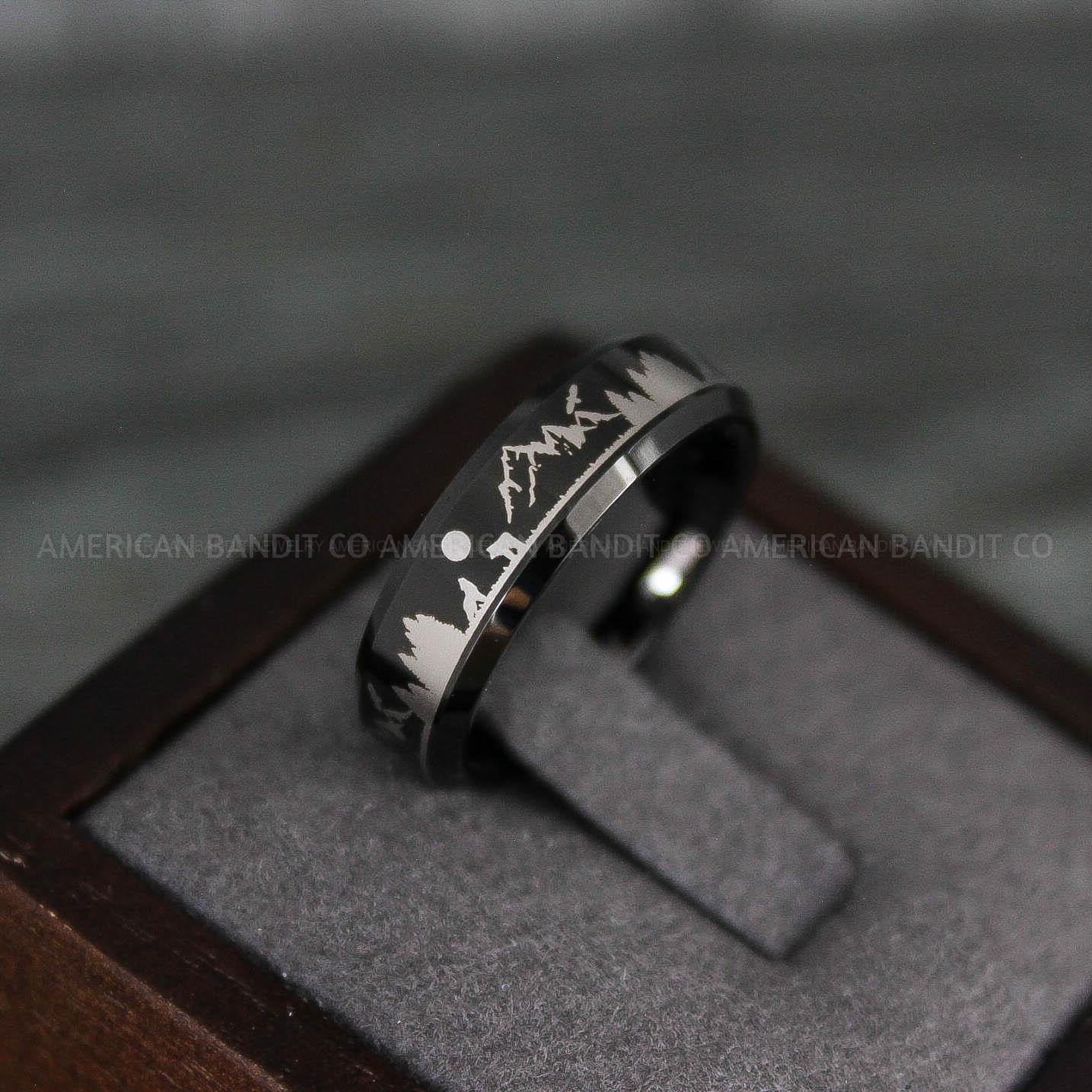 IMG_7958 Forest Ring, Mountain Range Ring, Mountains Scene Ring, Wolf Ring, Hunting Wedding Band - Image 1