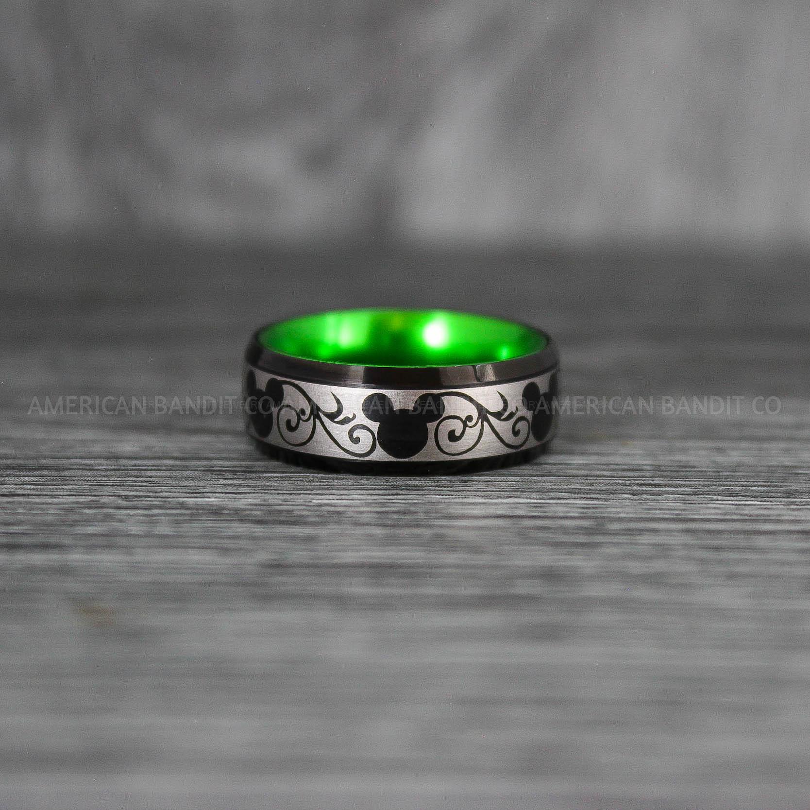 IMG_8060 Mickey Mouse Ring, Mickey Ring, Mickey Mouse Wedding Band, Mickey Mouse Wedding Ring, Black Wedding Band, Green Ring - Image 1