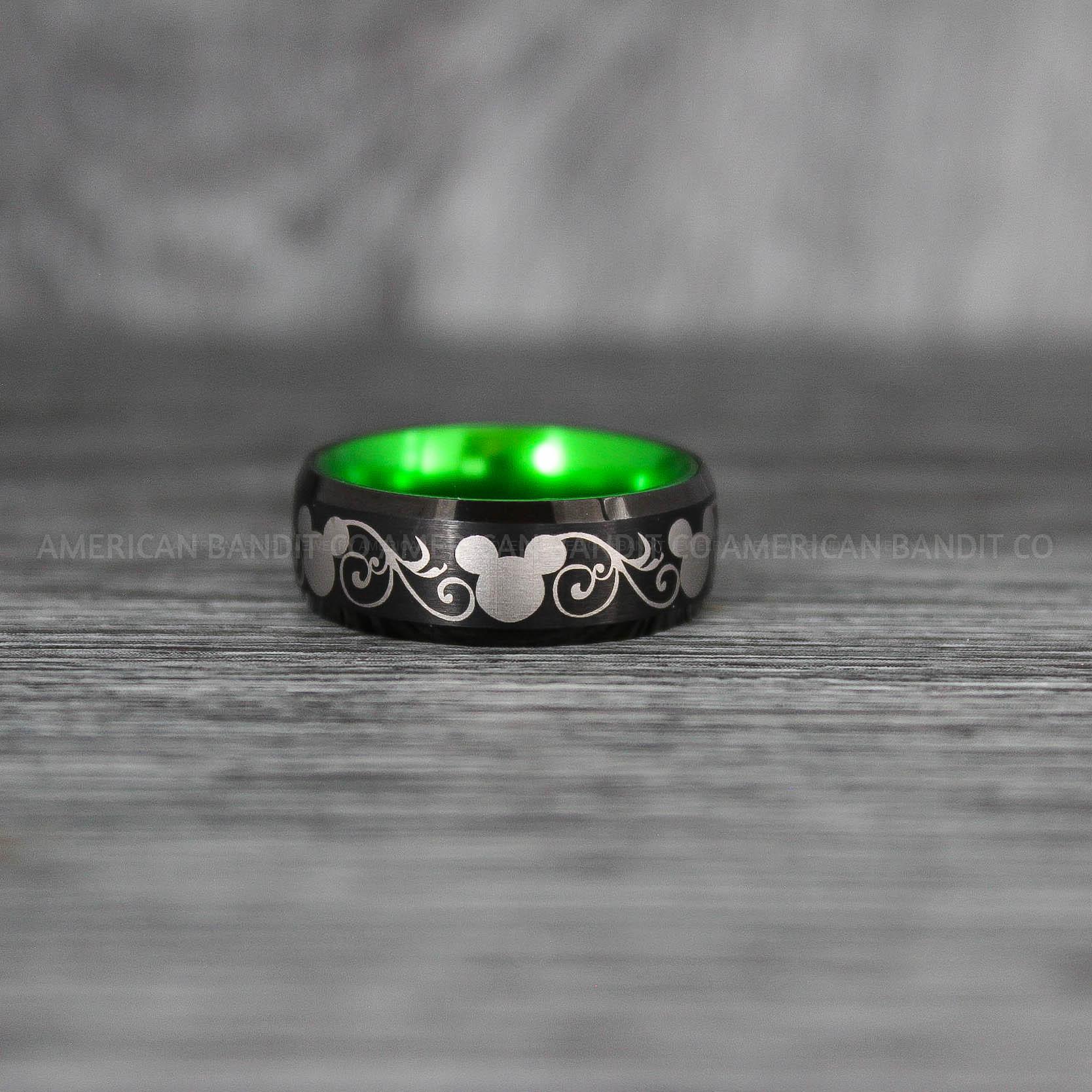 IMG_8064 Mickey Mouse Ring, Mickey Ring, Mickey Mouse Wedding Band, Mickey Mouse Wedding Ring, Black Wedding Band, Green Ring - Image 1