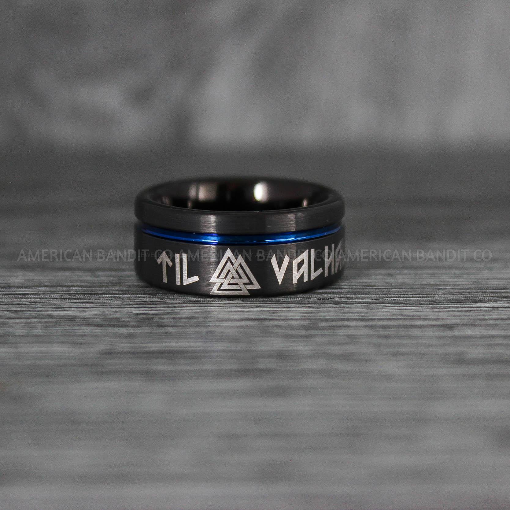 IMG_8068 Til Valhalla Rings, Viking Rings, Runes Rings, Valknut Rings, Nordic Rings, Norsemen Rings, Nordic Runes Rings, Black Tungsten Bands - Image 1