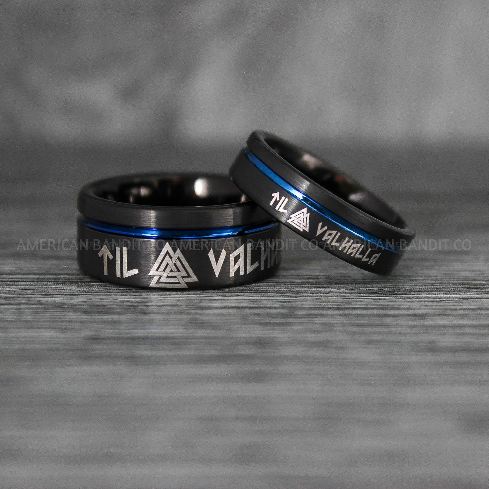 IMG_8069 Til Valhalla Rings, Viking Rings, Runes Rings, Valknut Rings, Nordic Rings, Norsemen Rings, Nordic Runes Rings, Black Tungsten Bands - Image 1