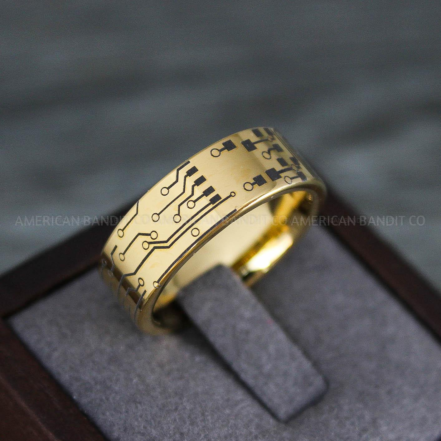 IMG_8119 Circuit Board Ring, Circuit Board Wedding Band, Gamer Ring, Gamer Wedding Band, Yellow Gold Wedding Band - Image 1