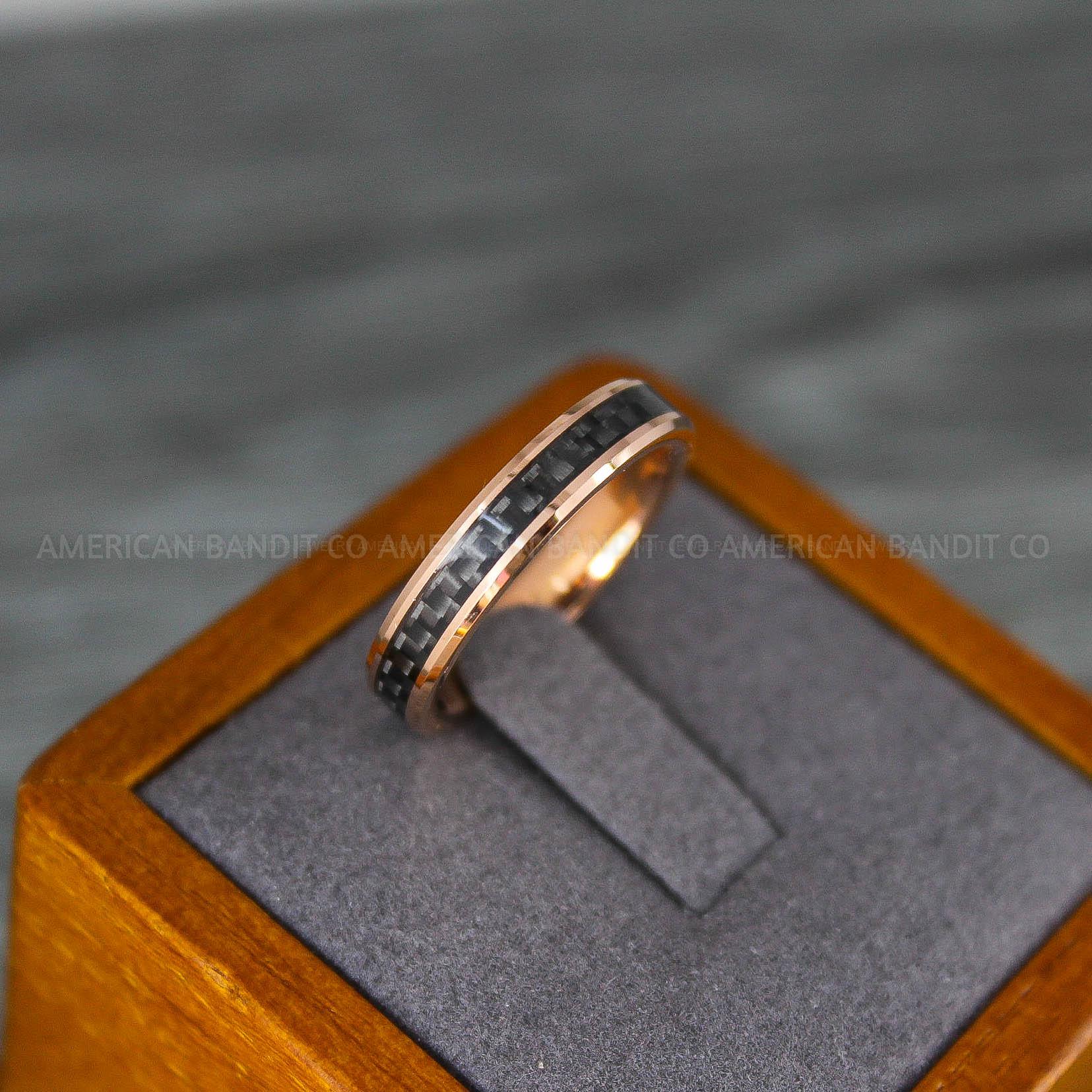 IMG_8156 Rose Gold Wedding Ring, Rose Gold Wedding Band, Rose Gold Ring with Black Carbon Fiber Inlay - Image 1
