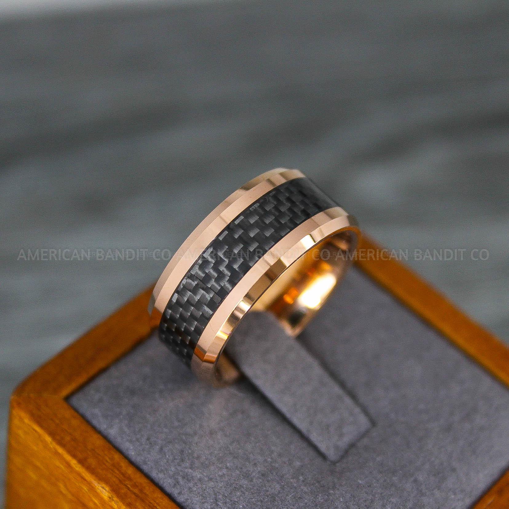 IMG_8157 Rose Gold Wedding Ring, Rose Gold Wedding Band, Rose Gold Ring with Black Carbon Fiber Inlay - Image 1
