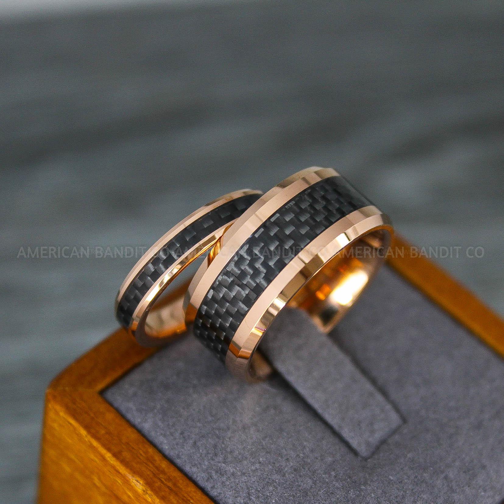 IMG_8158 Rose Gold Wedding Rings, Rose Gold Wedding Bands, Rose Gold Rings with Black Carbon Fiber Inlay - Image 1